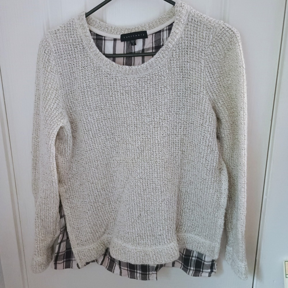Sanctuary Women's Ivory/Gray Lined Plaid Accent Long Sleeve Knit Sweater - S